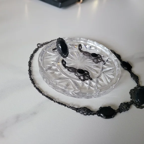 Edwardian Era Sterling Silver Jewelry Set with Necklace, Earrings, & Ring - Picture 2 of 5